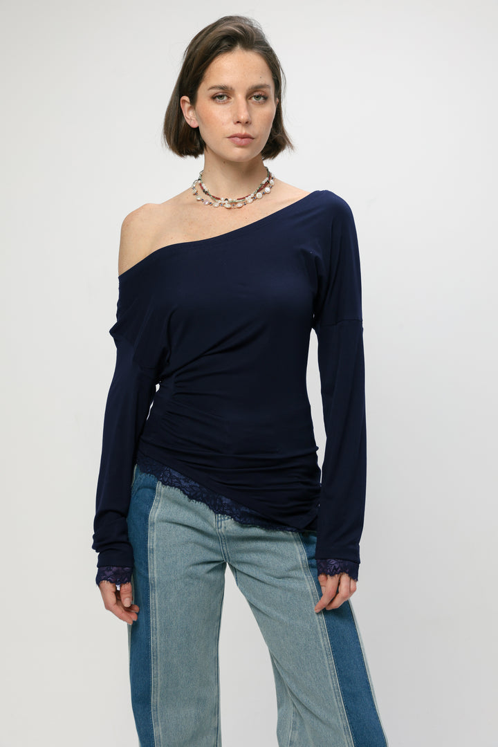 Fresh Navy One Shoulder Shirt