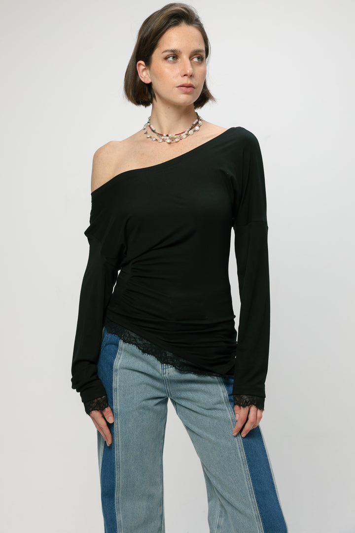 Fresh Black One Shoulder Shirt