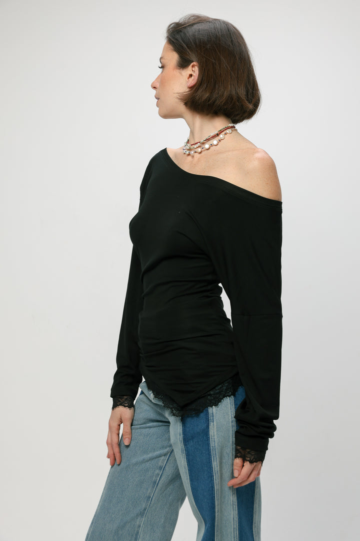 Fresh Black One Shoulder Shirt