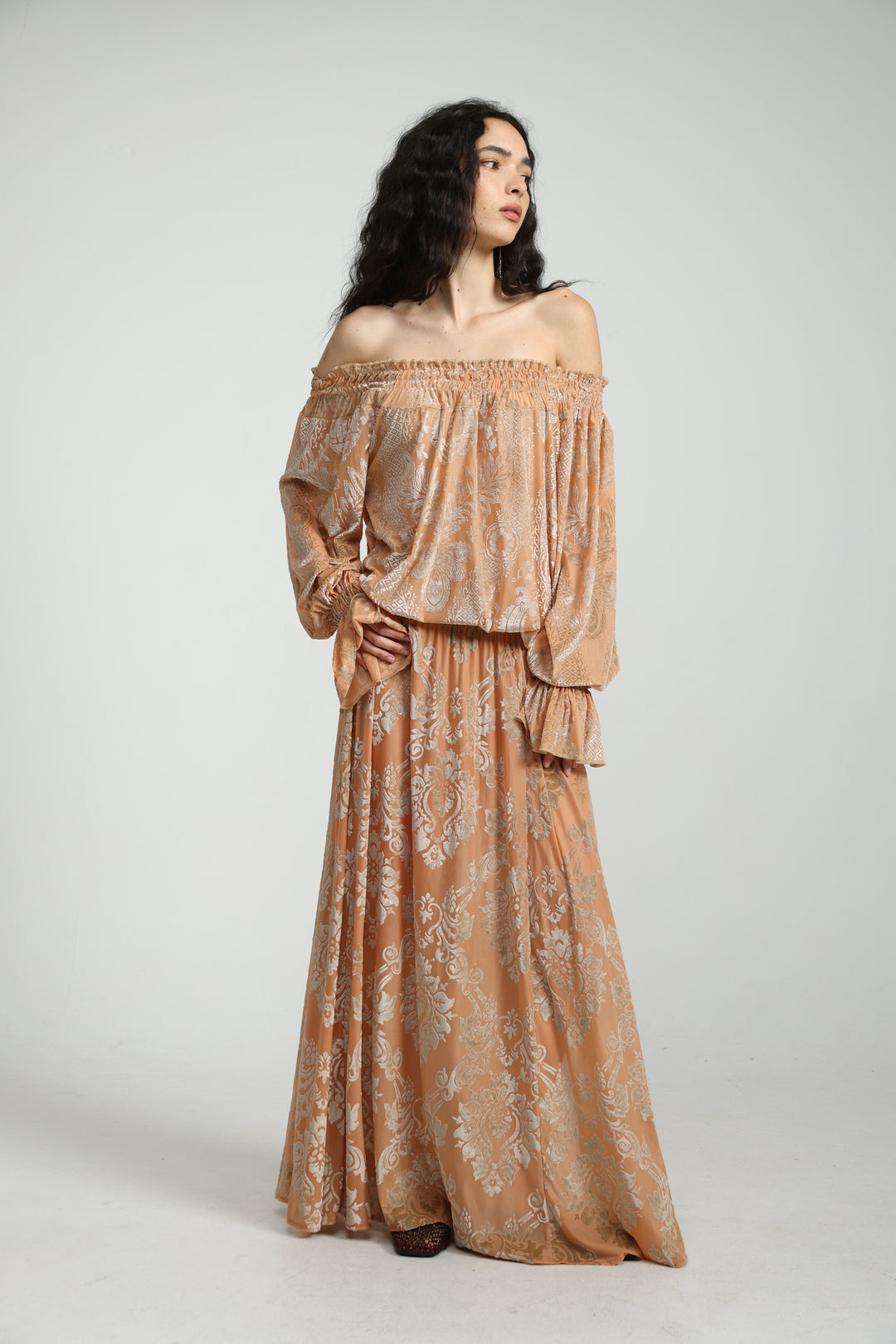 Playful Peach Velvet Off Shoulder Top