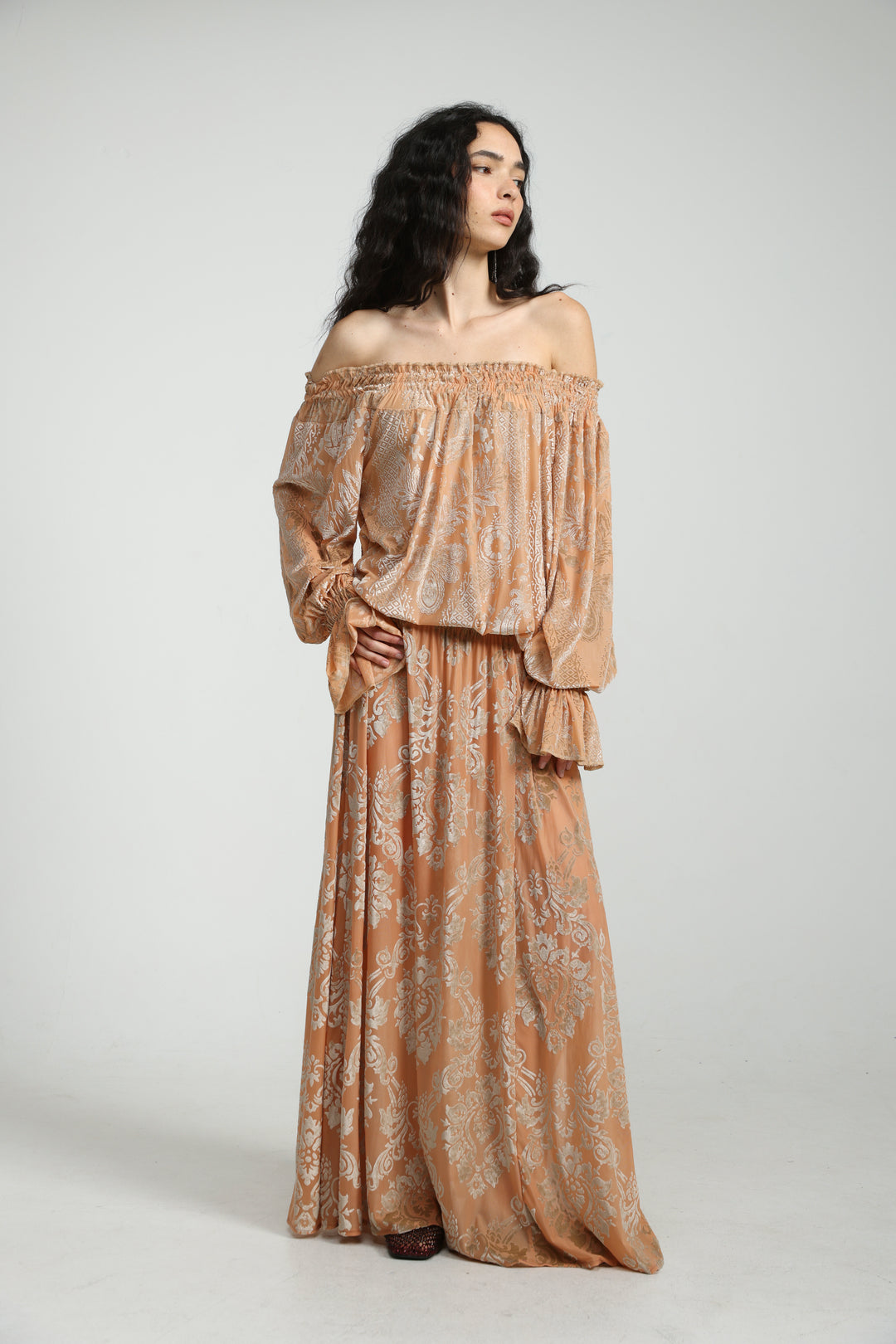 Playful Peach Velvet Off Shoulder Top