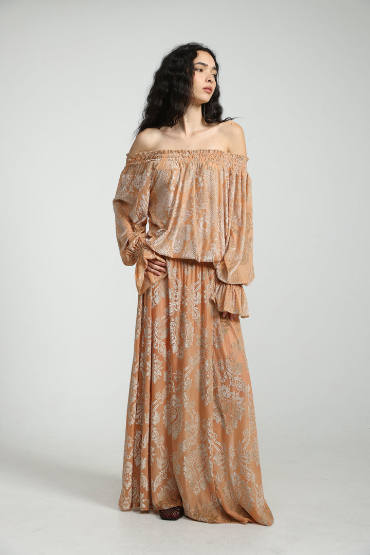 Playful Peach Velvet Off Shoulder Top