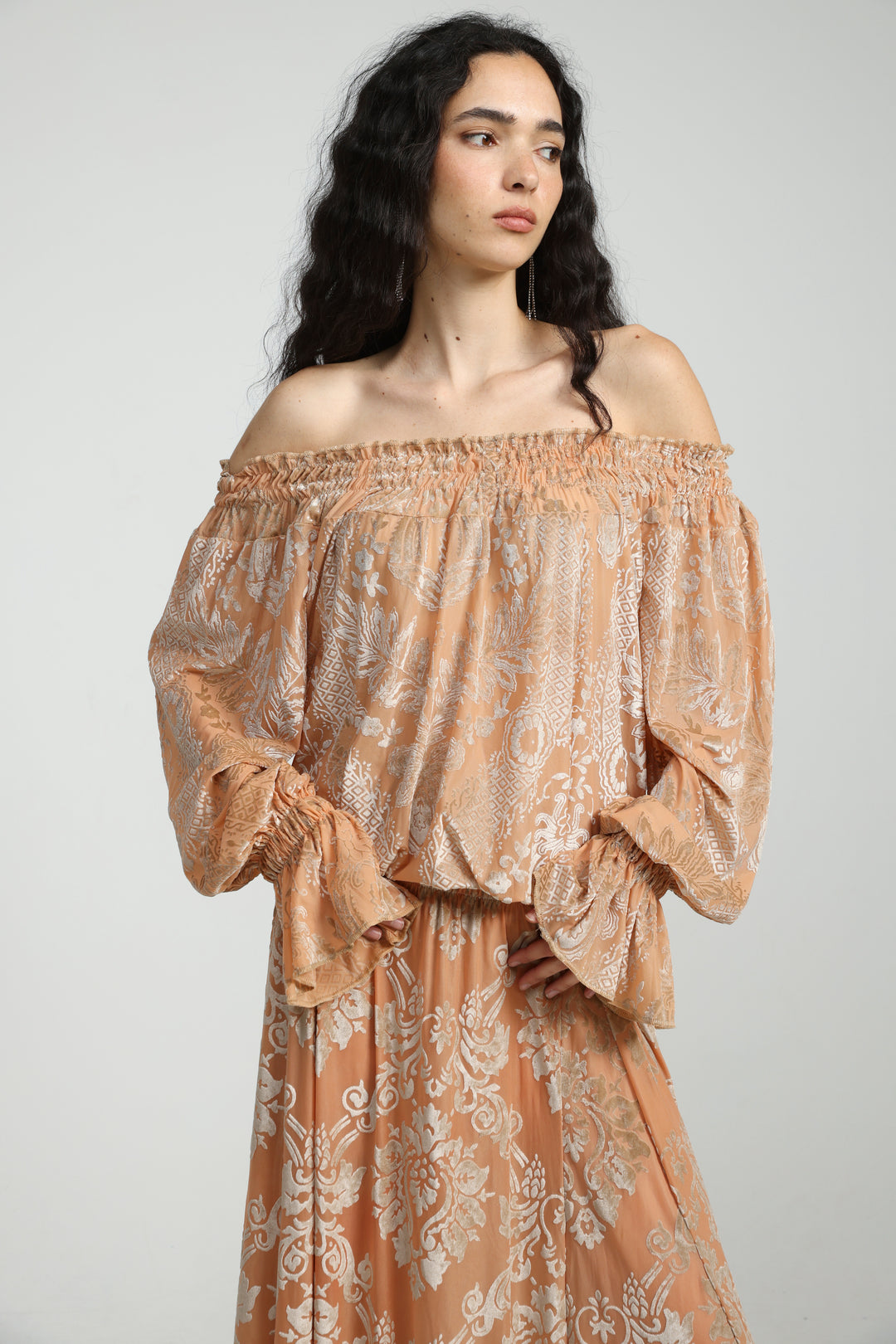 Playful Peach Velvet Off Shoulder Top
