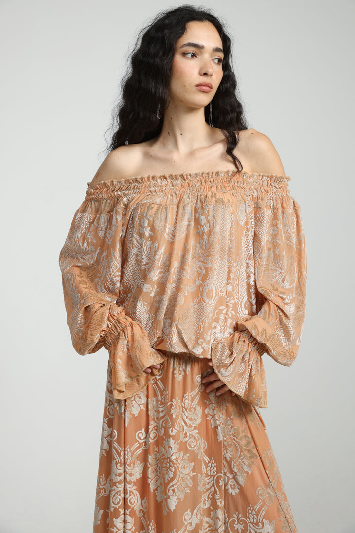 Playful Peach Velvet Off Shoulder Top