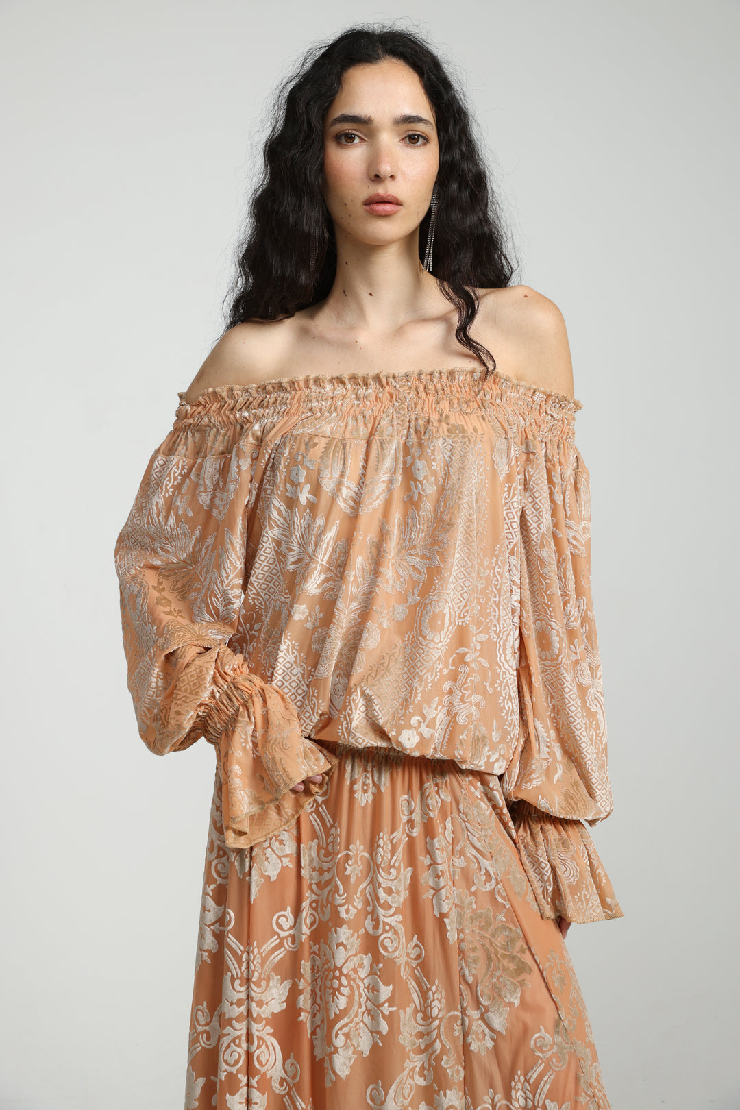 Playful Peach Velvet Off Shoulder Top