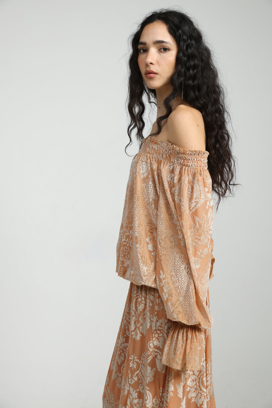 Playful Peach Velvet Off Shoulder Top