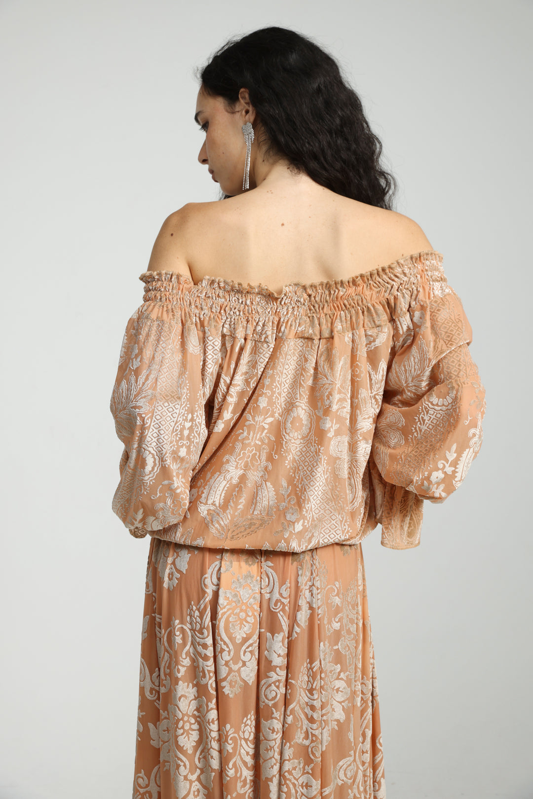Playful Peach Velvet Off Shoulder Top