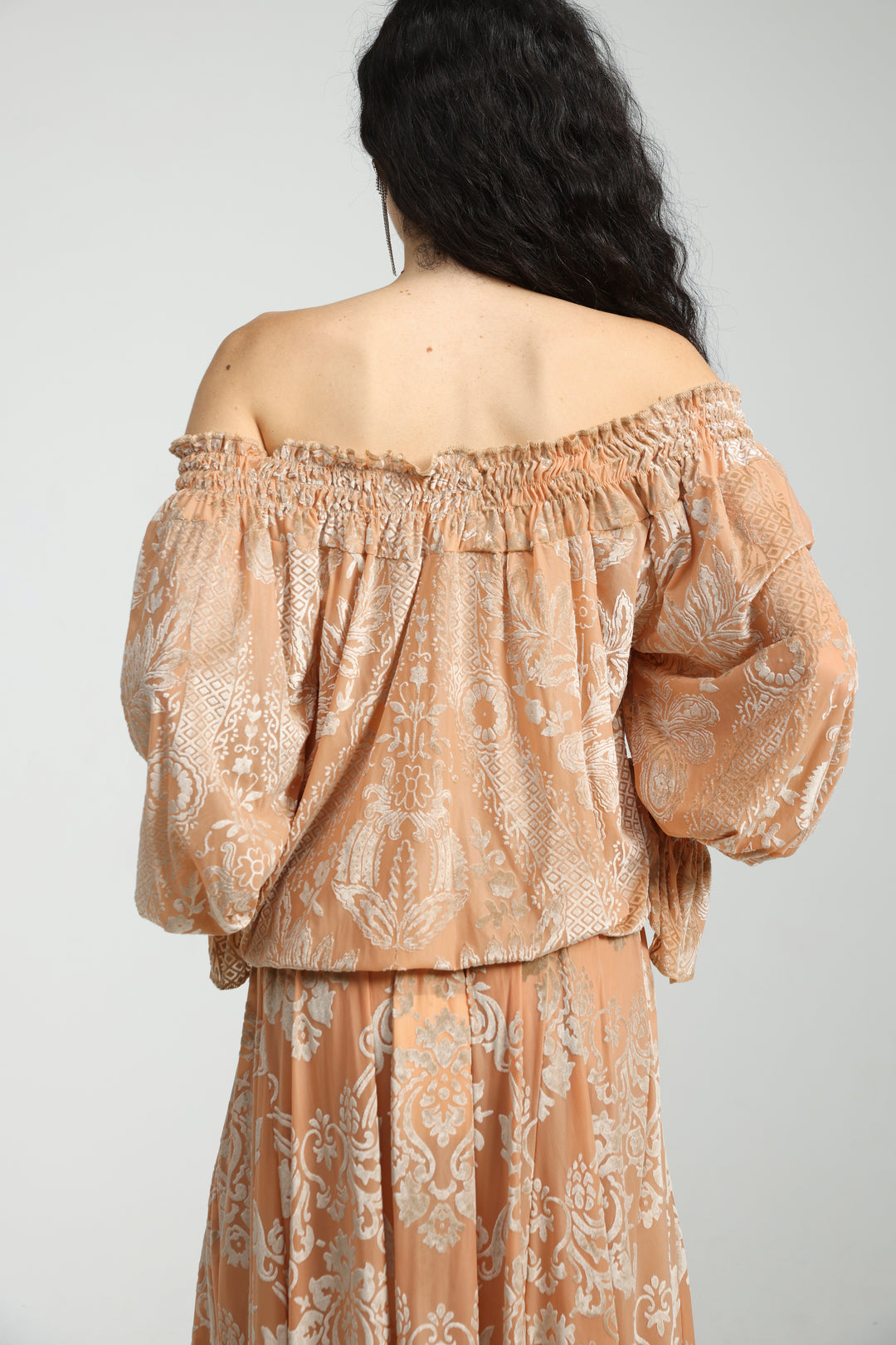 Playful Peach Velvet Off Shoulder Top