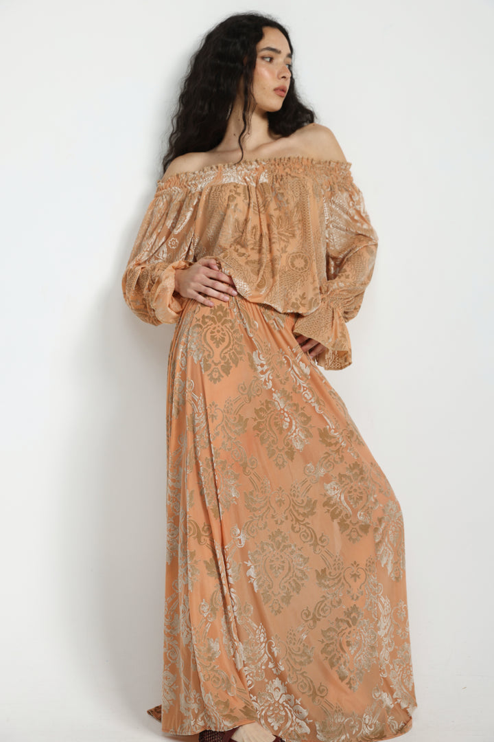Playful Peach Velvet Off Shoulder Top