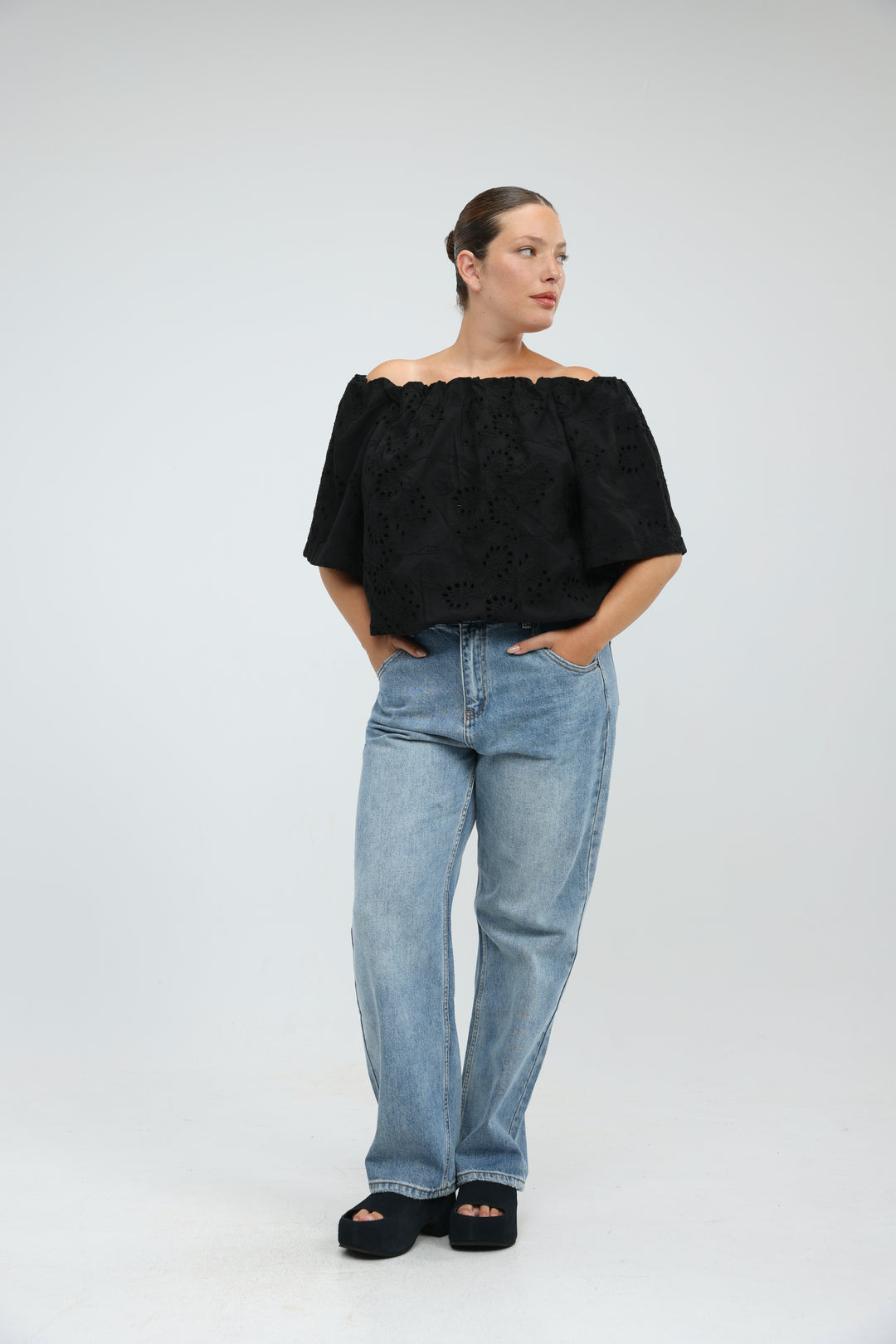 Eyelet Black Off Shoulder Blouse
