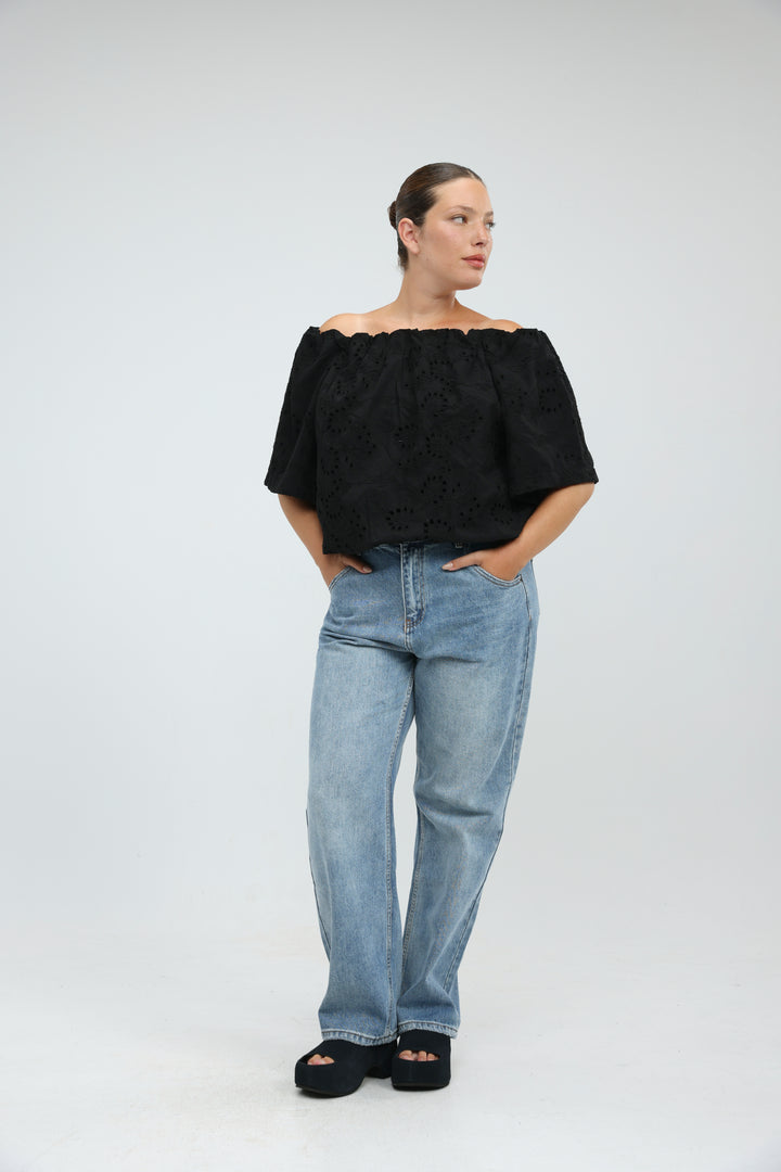 Eyelet Black Off Shoulder Blouse