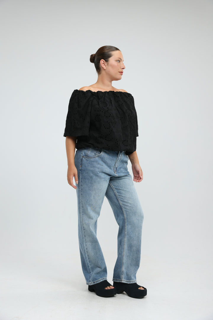 Eyelet Black Off Shoulder Blouse