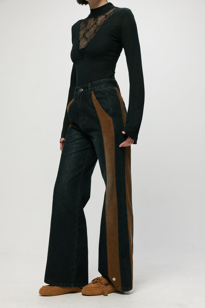 ג'ינס כחול כהה עם פאנלים קורדרוי חומים Star 201 Dark Blue Mix Denim 