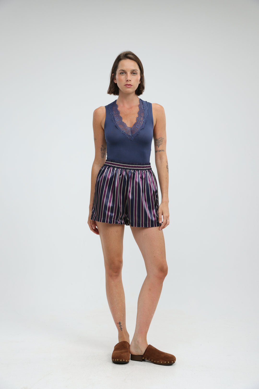 Wine Striped Satin Shorts