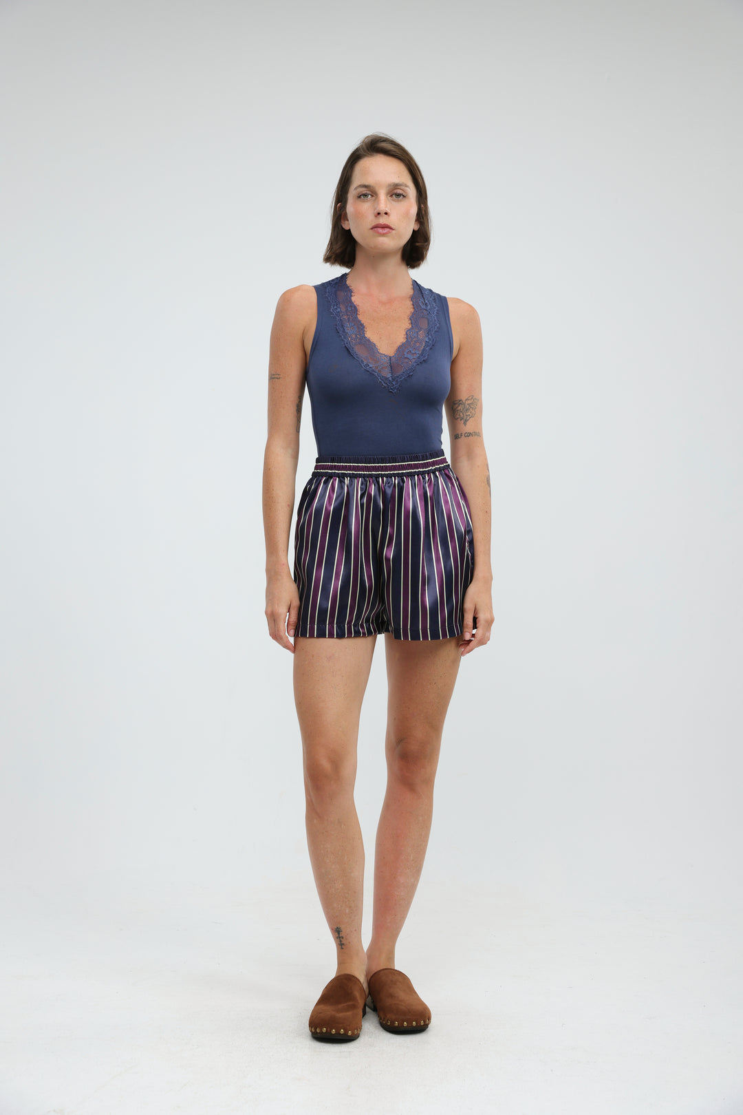 Wine Striped Satin Shorts