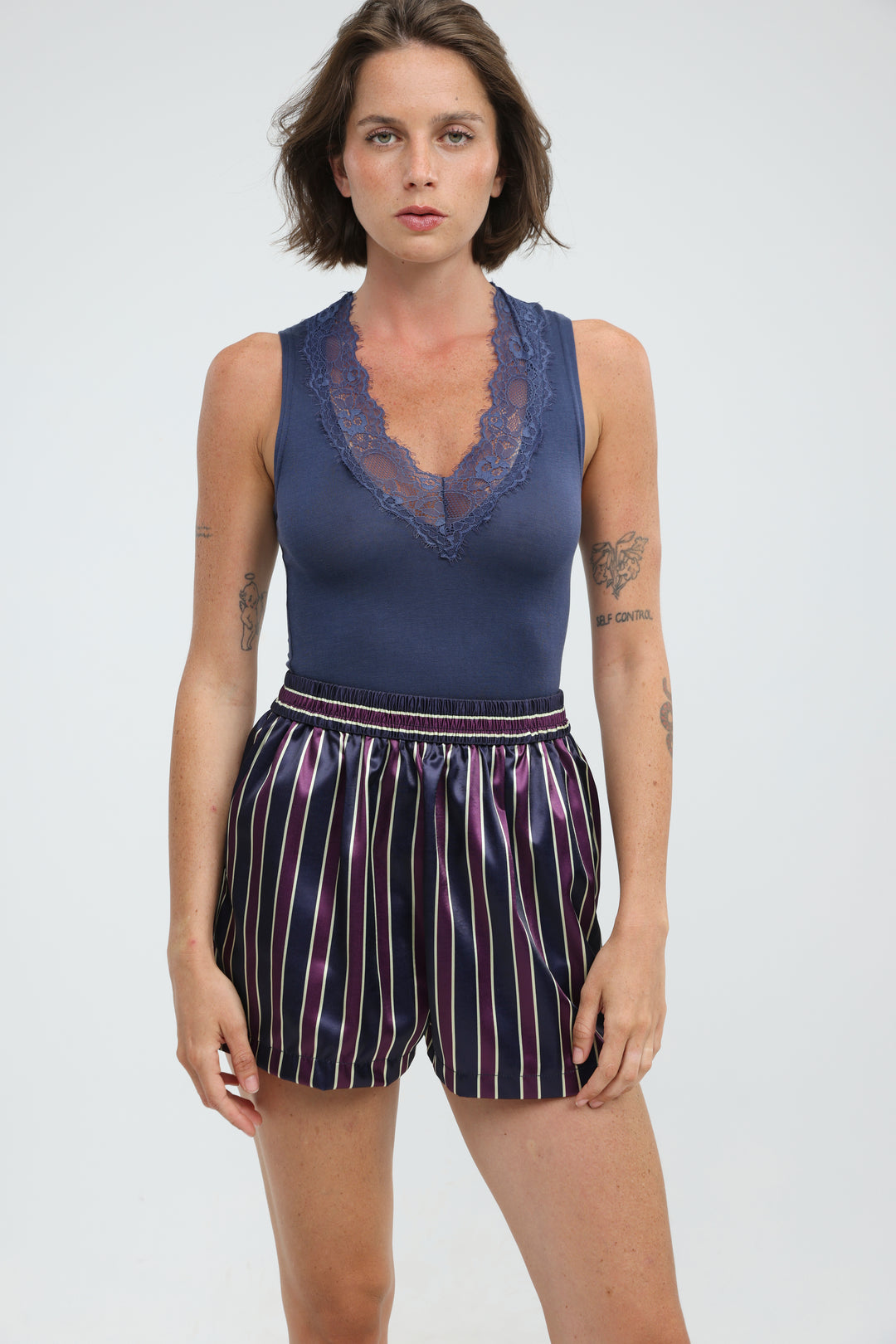 Wine Striped Satin Shorts