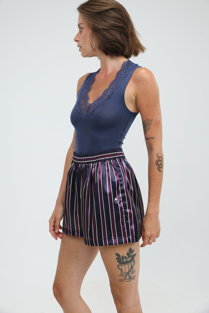 Wine Striped Satin Shorts