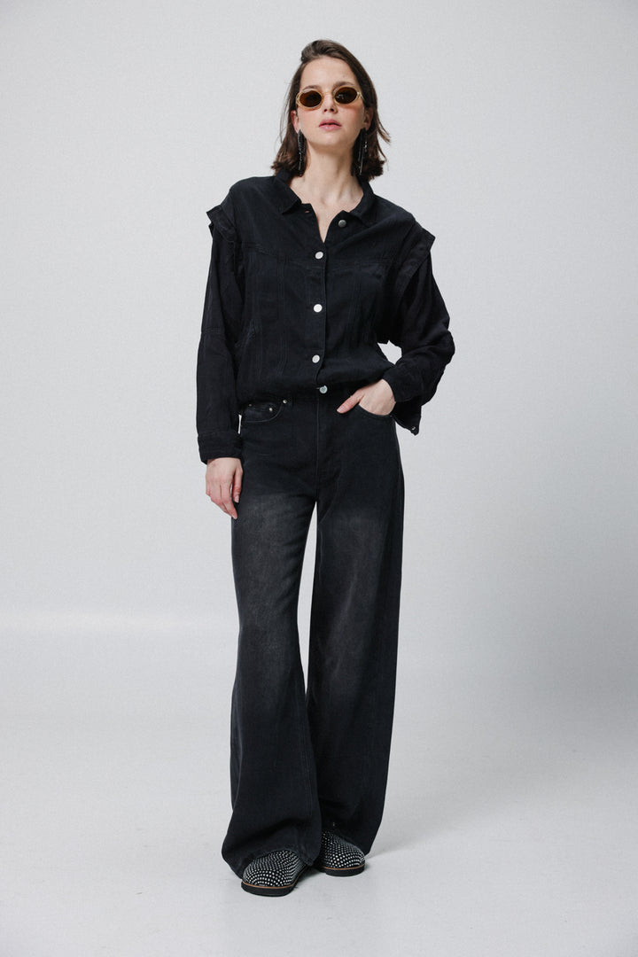 Puzzle Black Denim Buttoned Shirt