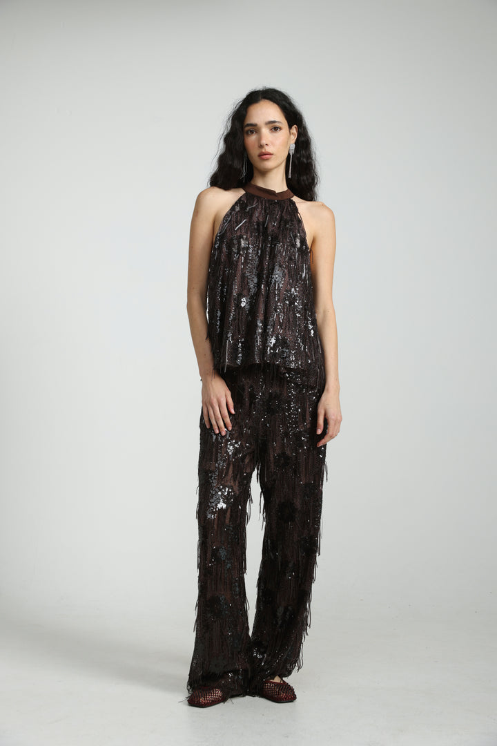 Sequin Fringe Brown Top