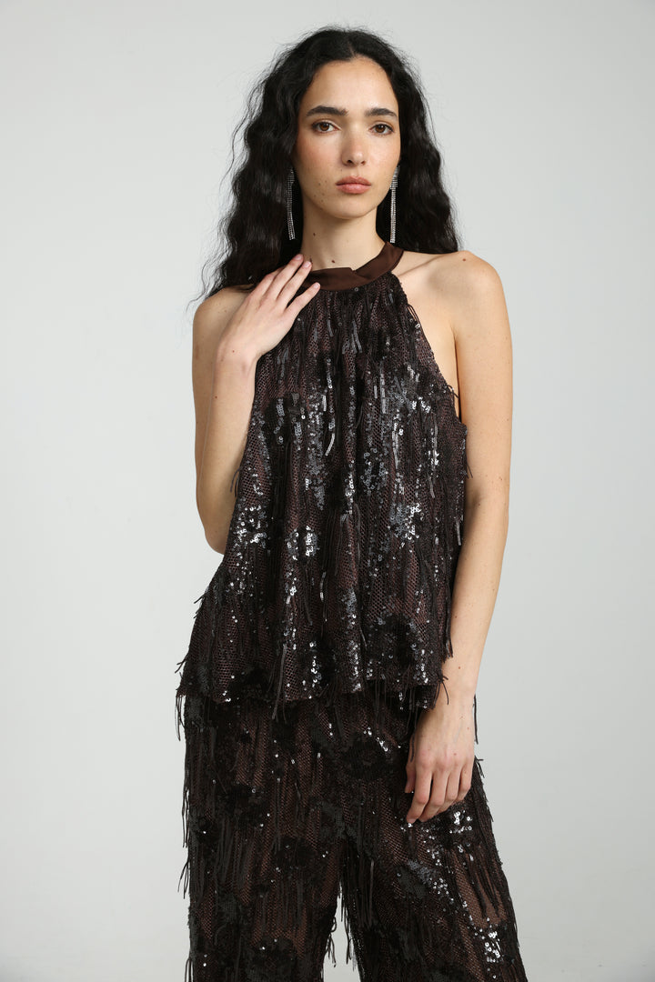 Sequin Fringe Brown Top