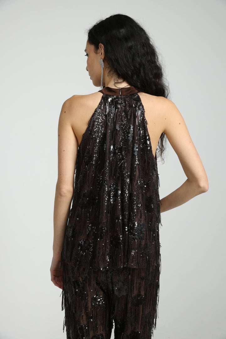 Sequin Fringe Brown Top