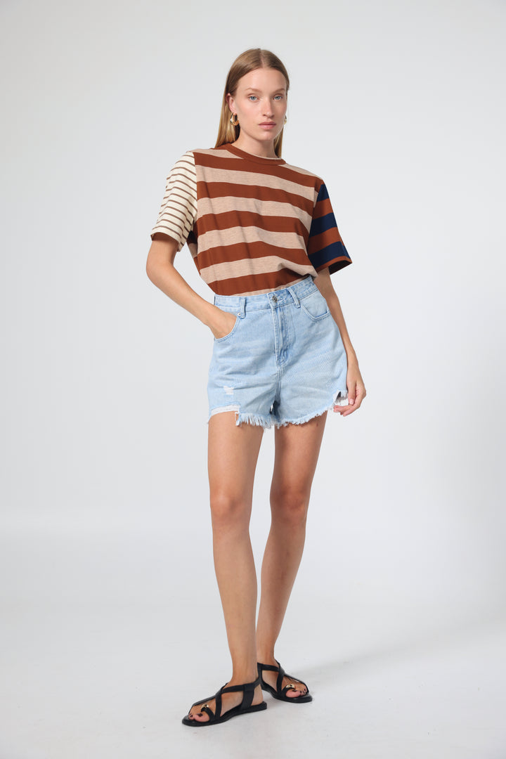Time Brown Mixed Stripes T-Shirt
