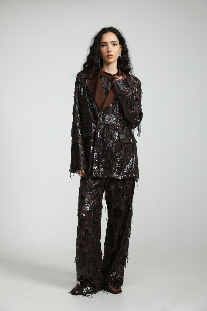 Sequin Fringe Brown Blazer