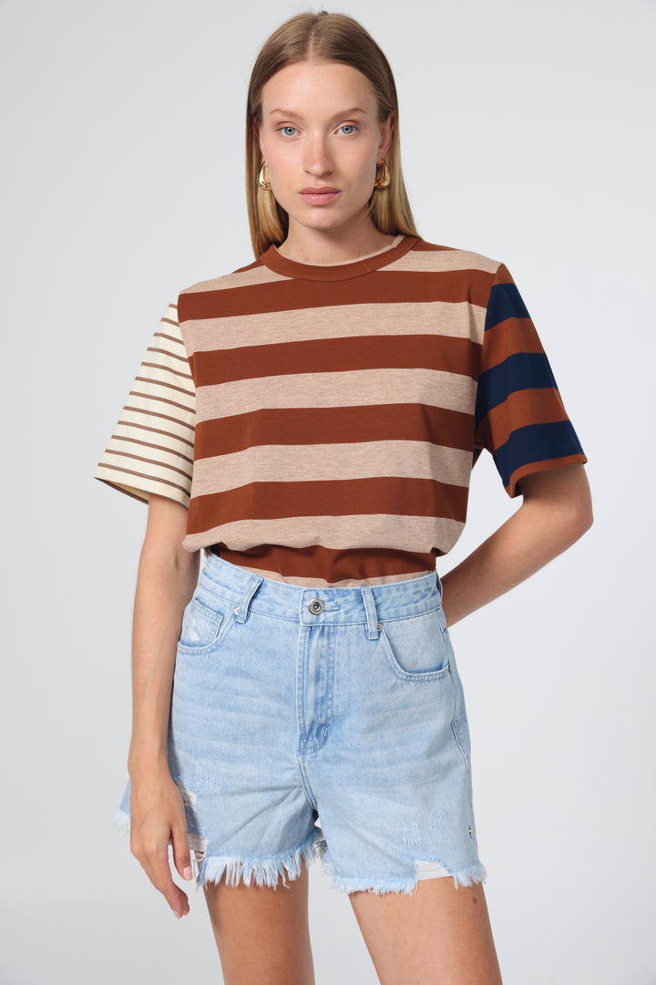 Time Brown Mixed Stripes T-Shirt