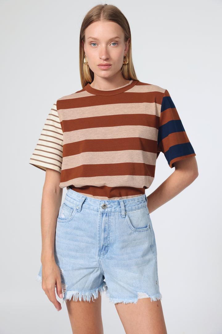 Time Brown Mixed Stripes T-Shirt