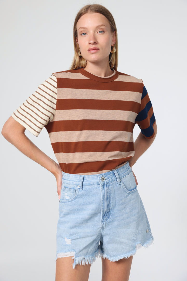 Time Brown Mixed Stripes T-Shirt