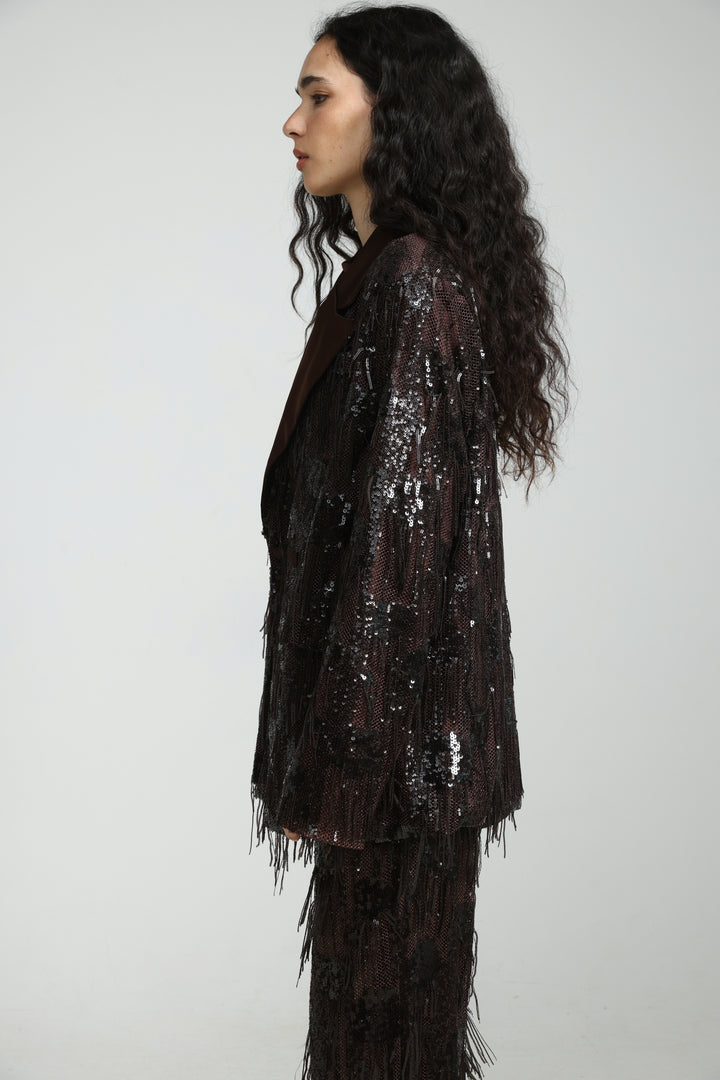Sequin Fringe Brown Blazer
