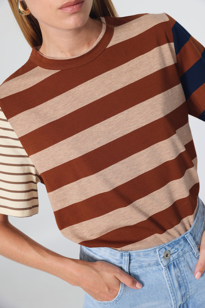 Time Brown Mixed Stripes T-Shirt