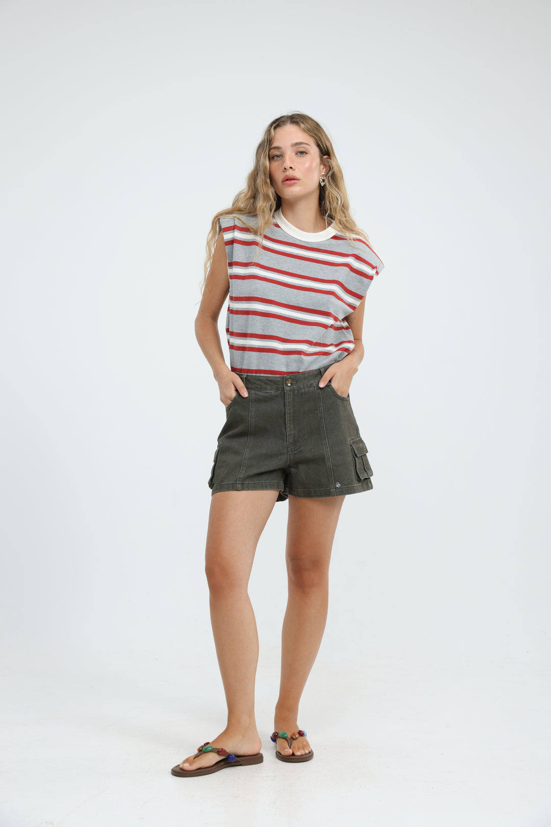 July Grey Striped Padded Tank