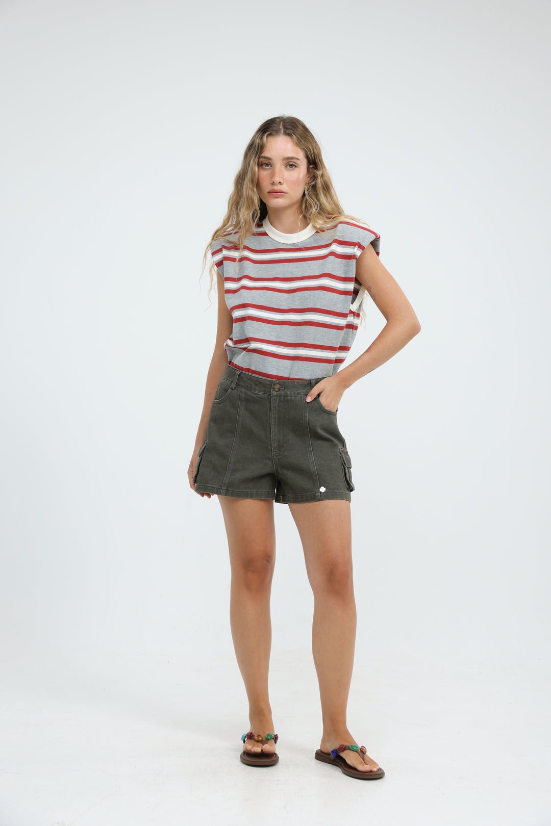 July Grey Striped Padded Tank