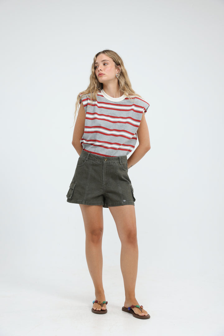 July Grey Striped Padded Tank