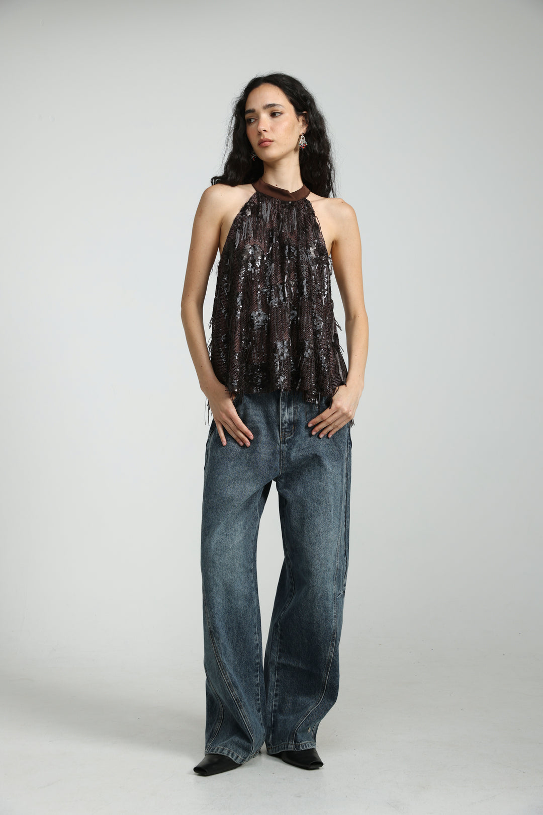 Sequin Fringe Brown Top