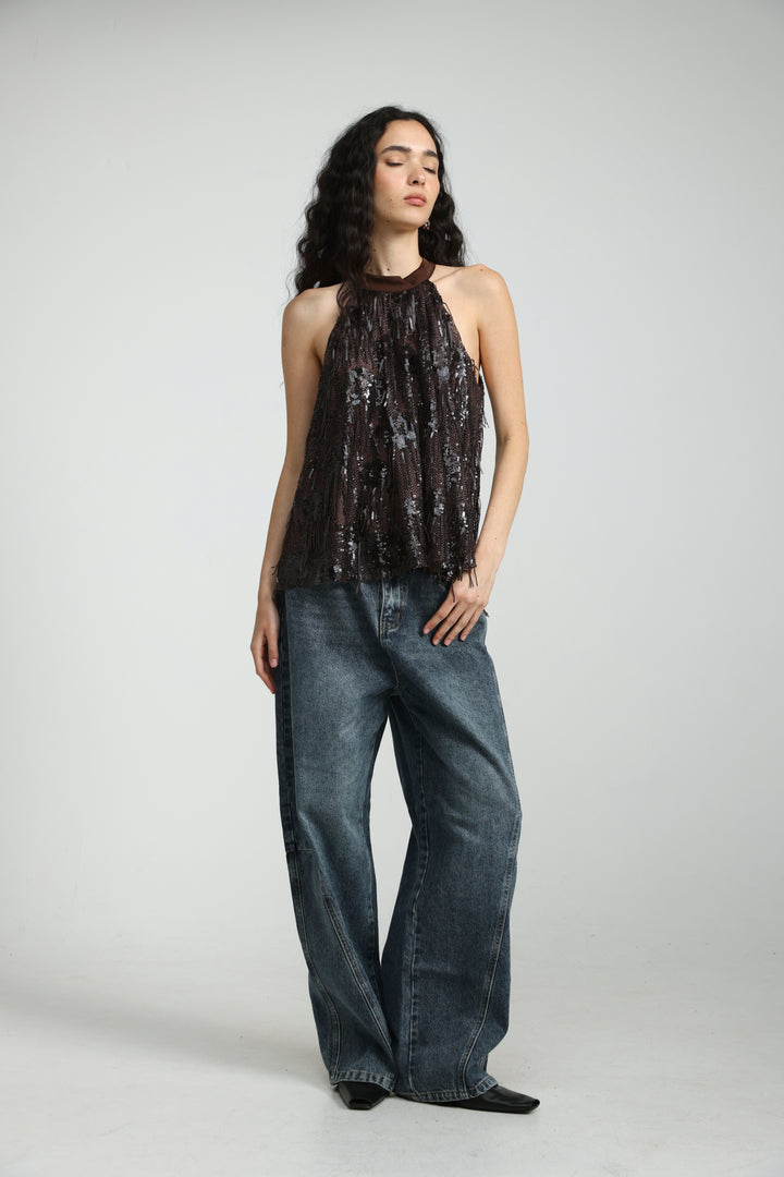 Sequin Fringe Brown Top