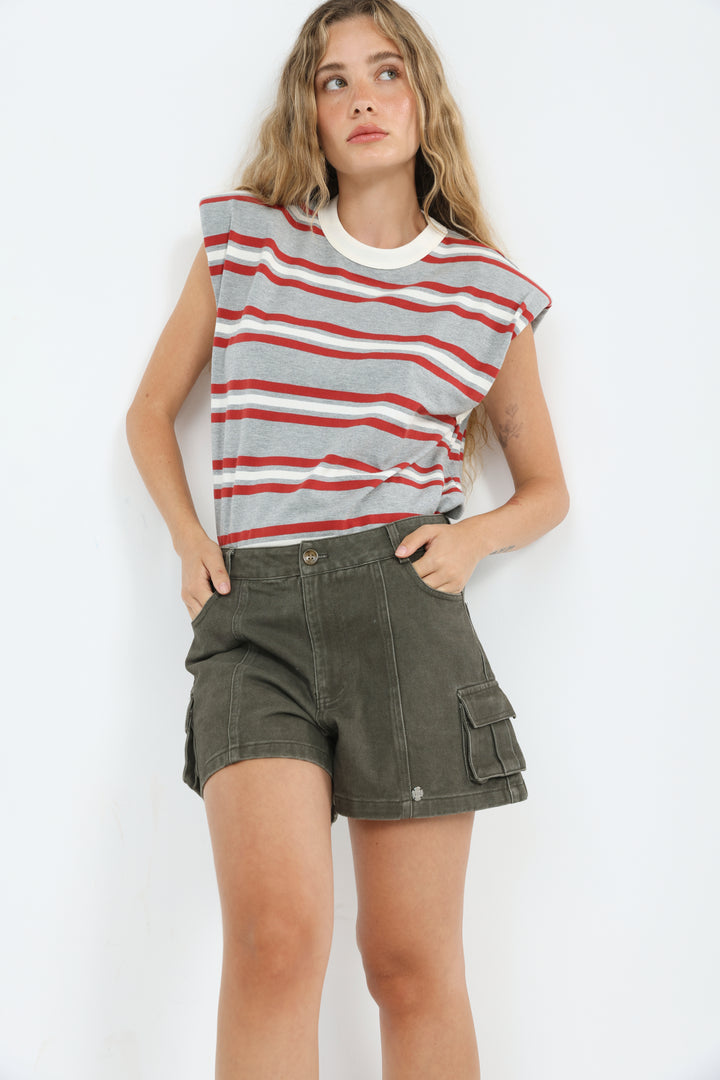 July Grey Striped Padded Tank