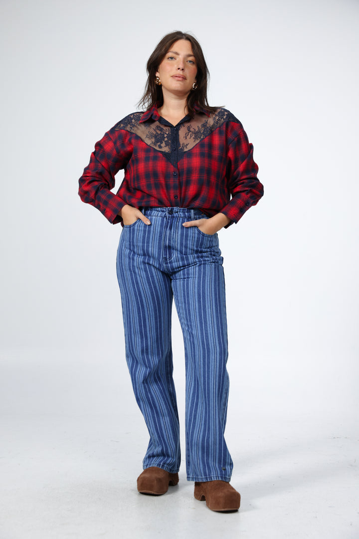 Lace Plaid Red Buttoned Shirt