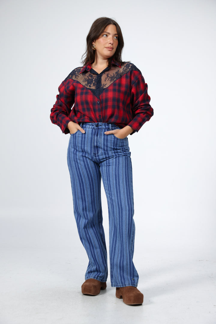 Lace Plaid Red Buttoned Shirt