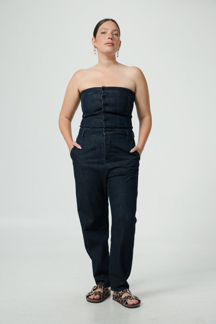 אוברול ג'ינס טופ מחוך מידה לארג Star 488 Dark Denim Jumpsuit