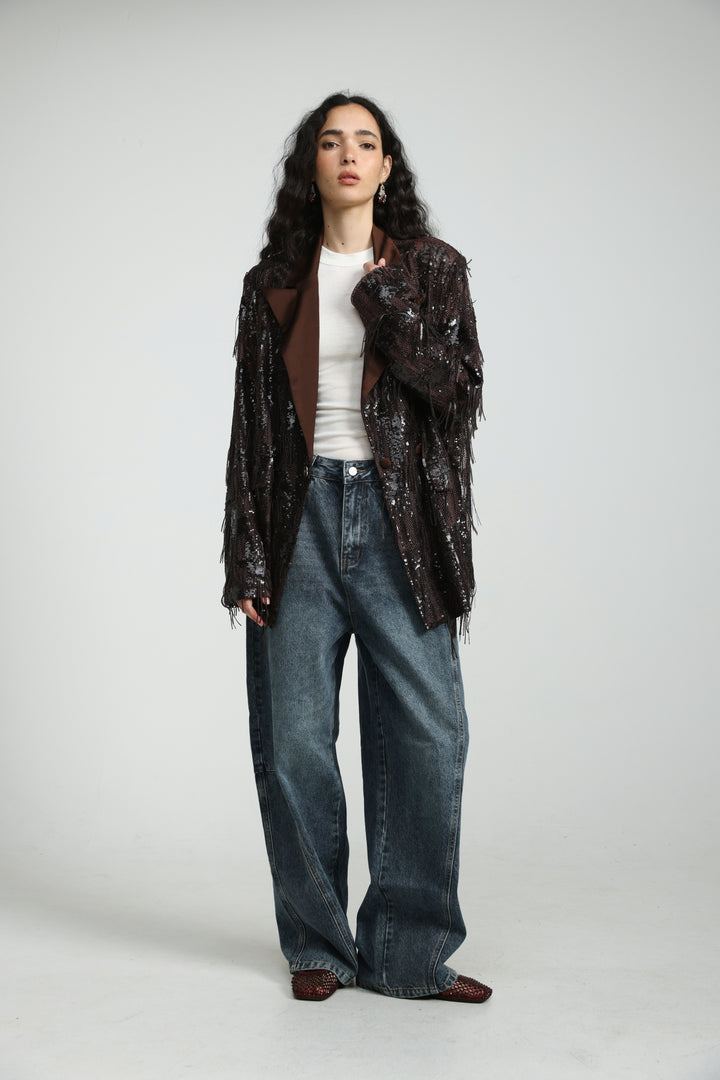 Sequin Fringe Brown Blazer