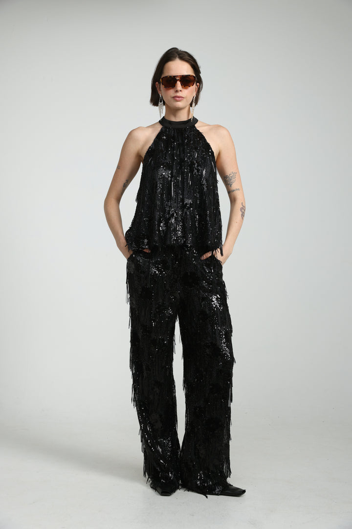 Sequin Fringe Black Bottoms