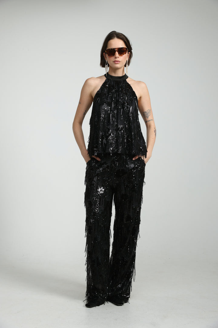 Sequin Fringe Black Bottoms