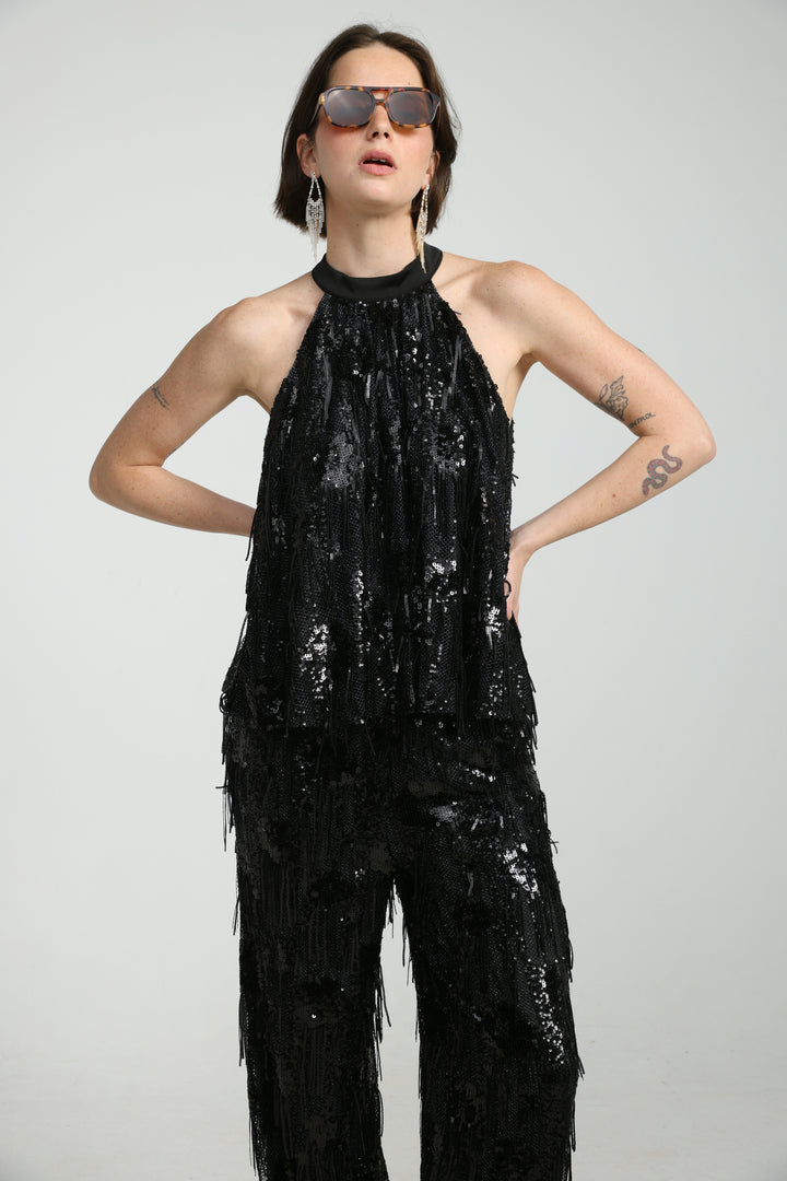 Sequin Fringe Black Top
