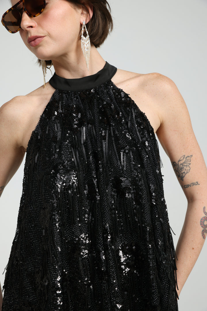 Sequin Fringe Black Top