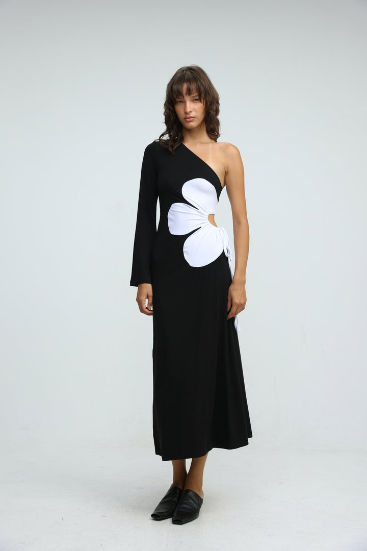 Floraison Black One Shoulder Dress