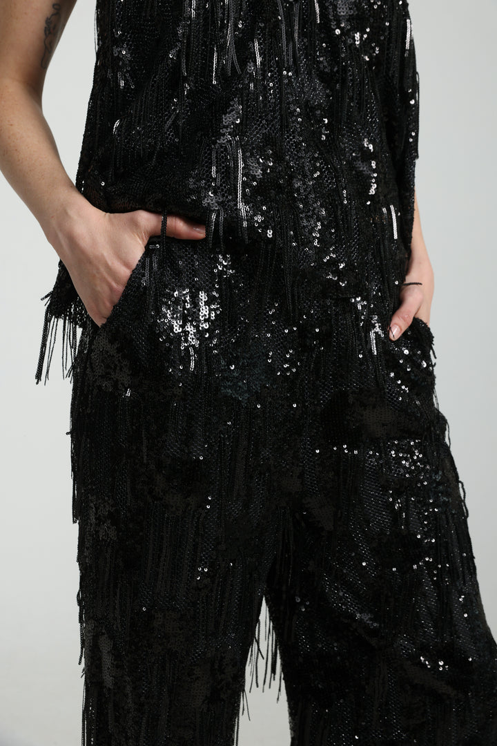 Sequin Fringe Black Bottoms