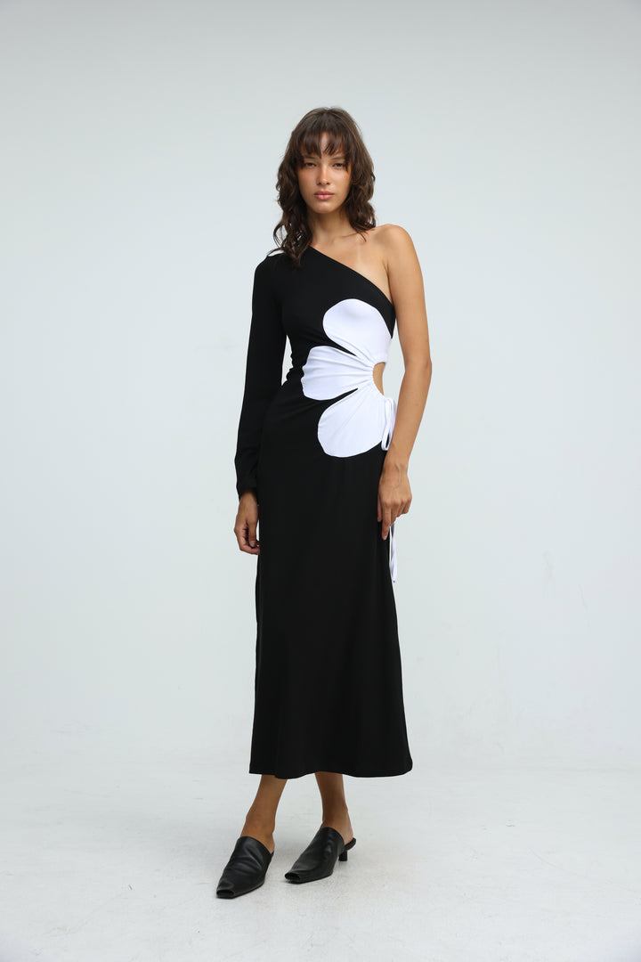 Floraison Black One Shoulder Dress