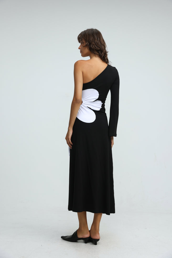 Floraison Black One Shoulder Dress